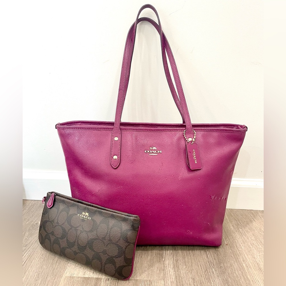 COACH✨Dahlia Purple & Gold Cross Grain Leather City Zip Tote & Wallet - Picture 16 of 16